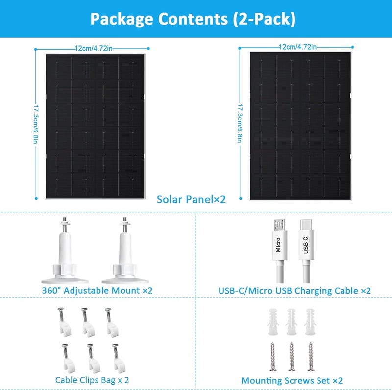 VUEBEE 4W Solar Panel for Security Camera, USB-C/Micro USB Solar Charger for Rechargeable Battery Cameras, IP66 Waterproof, 360° Adjustable Mount, 9.8FT/3M Cable, 2 Pack - Image 2